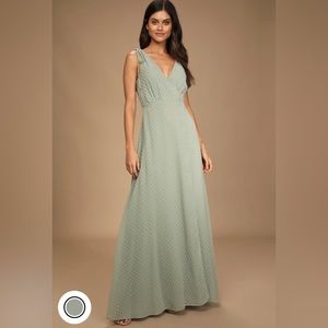 Lulus Romantic Possibilities Sage Brush Swiss Dot Maxi Dress NWT